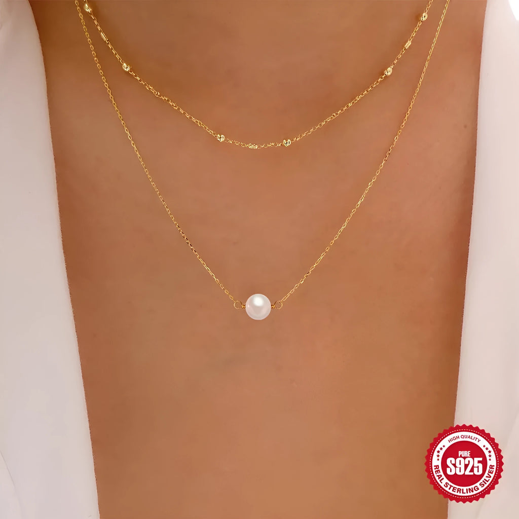 S925 sterling silver women's necklace with double layer twin pearls in gold or white gold colour options