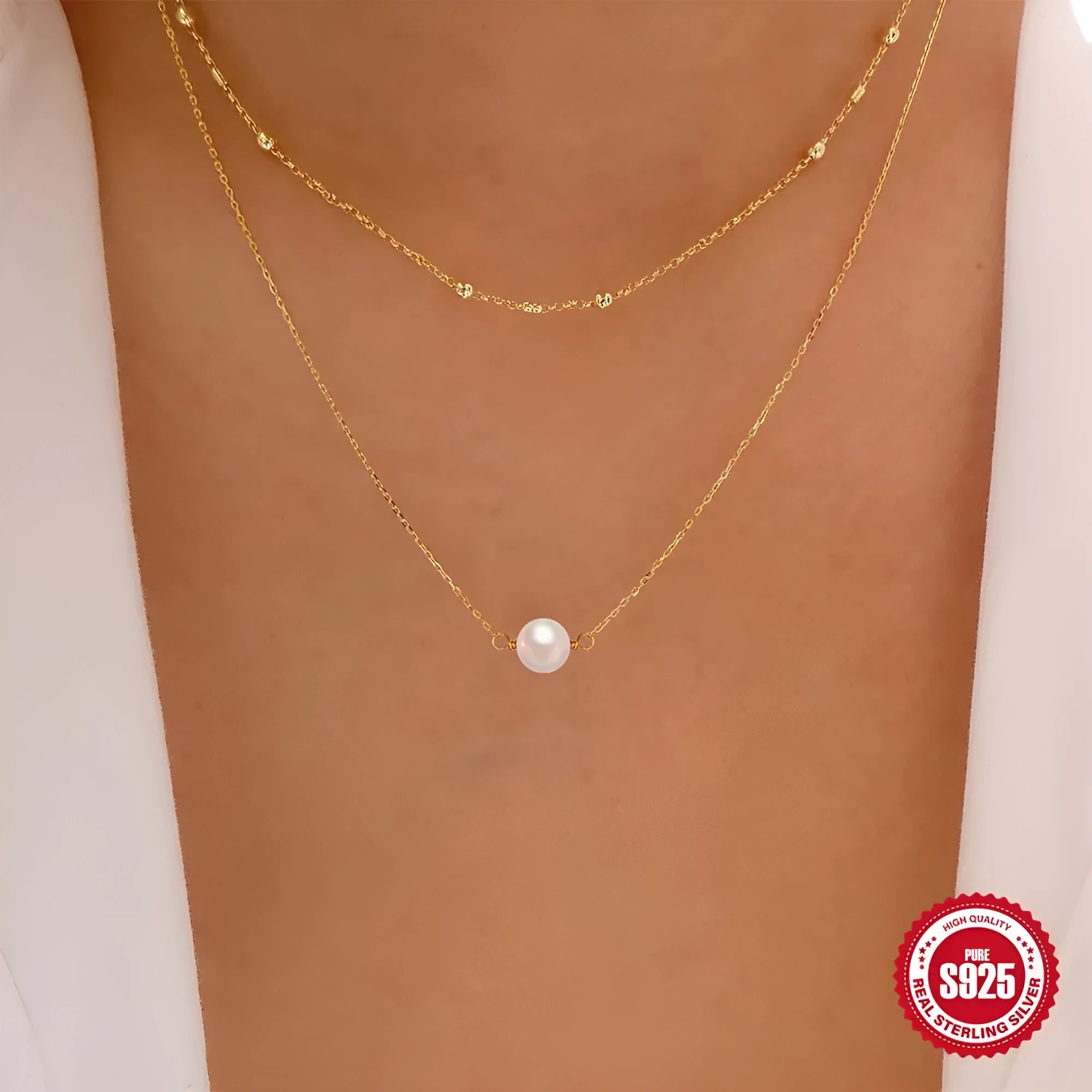 S925 sterling silver women's necklace with double layer twin pearls in gold or white gold colour options