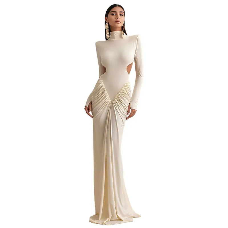 Women's high collar slim fit dress with pleated backless design in light apricot colour