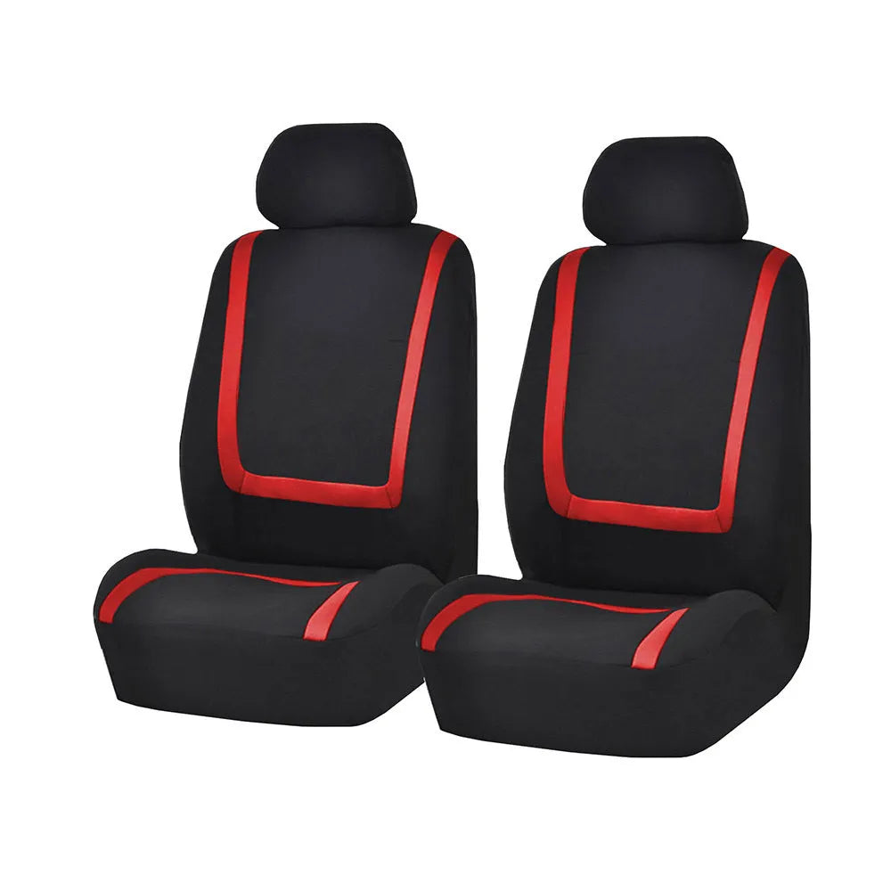 Universal four seasons car seat cover set in beige and black fabric installed on car seats.