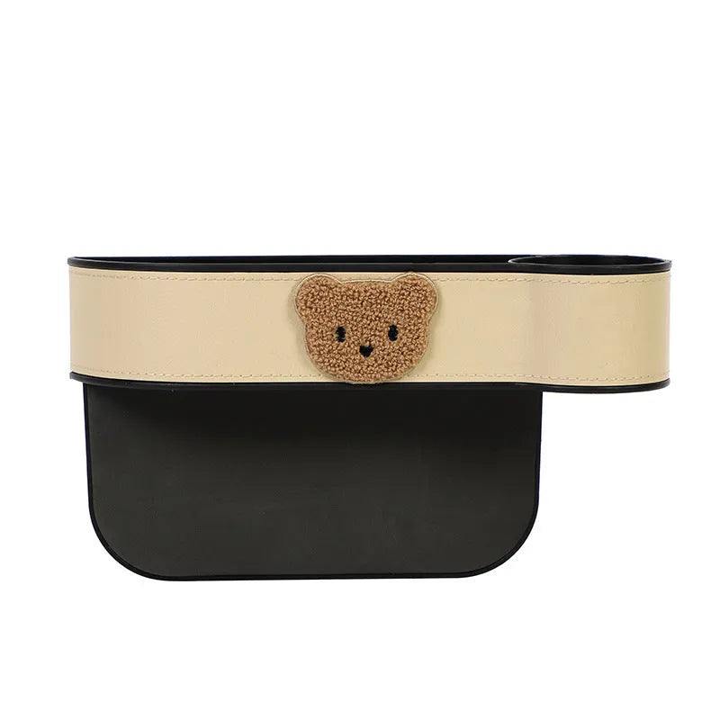 Leather car seat gap storage box with cartoon bear design for holding phone and keys