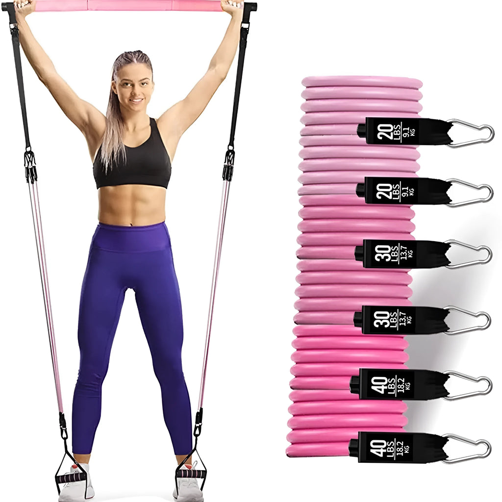 Yoga gymnastic bar with 180 pounds reinforced resistance band pull rope set in black or pink TPE material