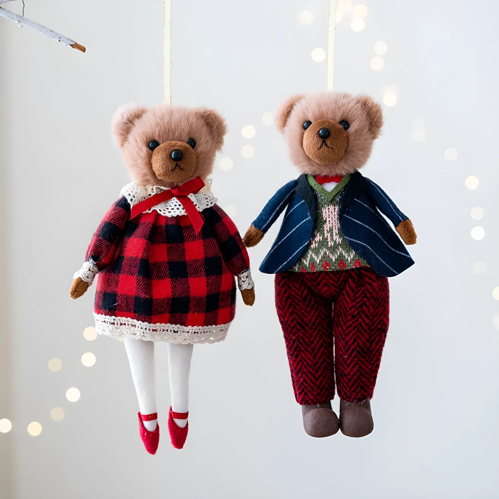 Pair of cartoon plush bear dolls, a princess and a gentleman, wearing cotton suits with a plaid tartan pattern.