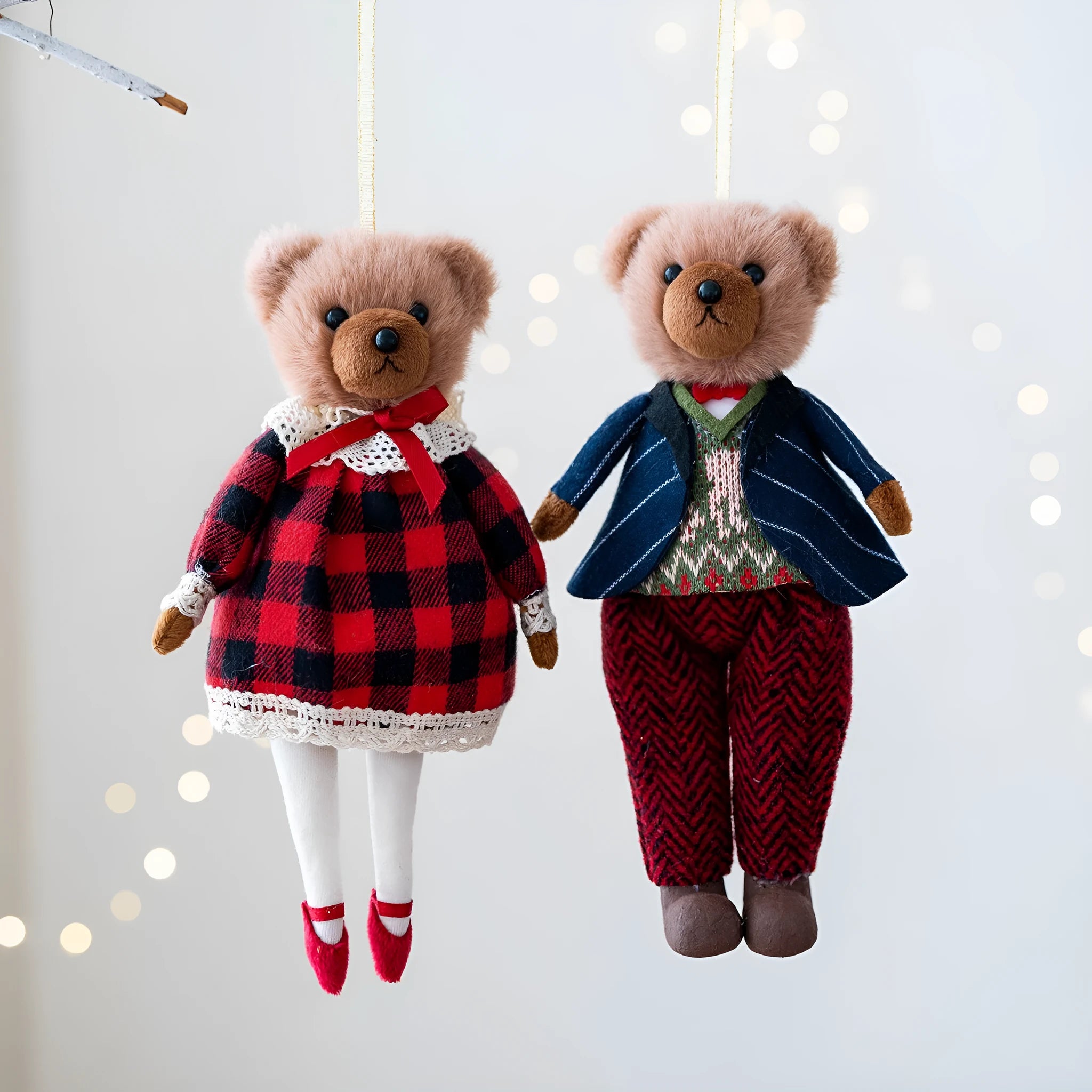 Pair of cartoon plush bear dolls, a princess and a gentleman, wearing cotton suits with a plaid tartan pattern.