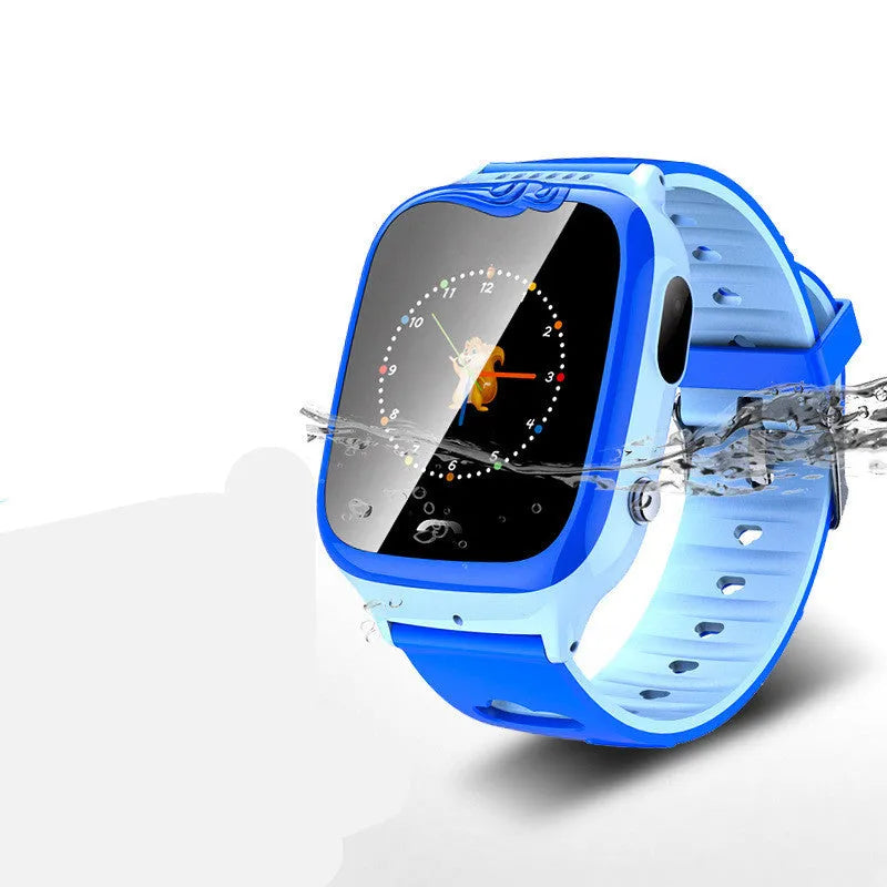 Blue children's smart phone watch with a silicone strap and a square HD touch screen display.