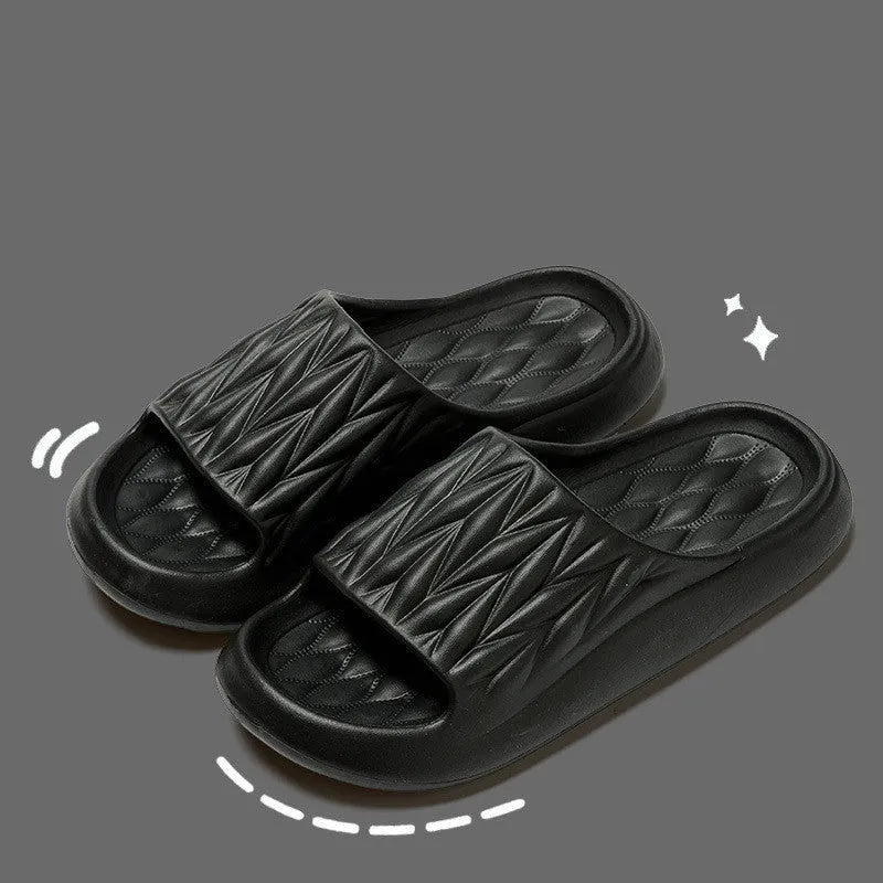Leaf texture design EVA slippers in various colours showing non-slip sole detail