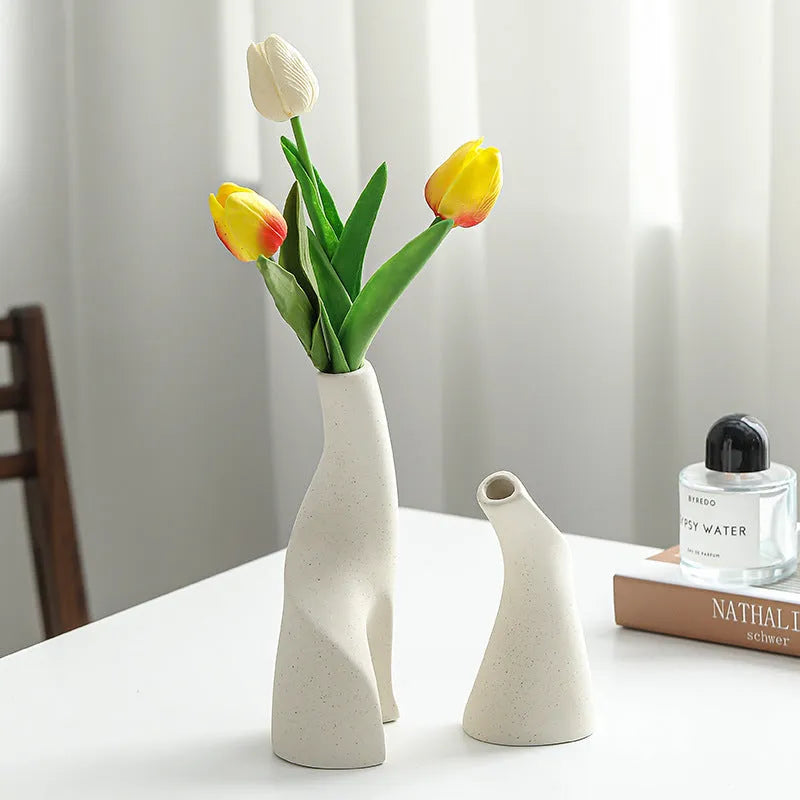 Nordic ceramic shaped double vase in Cream Colour for home decoration ornament