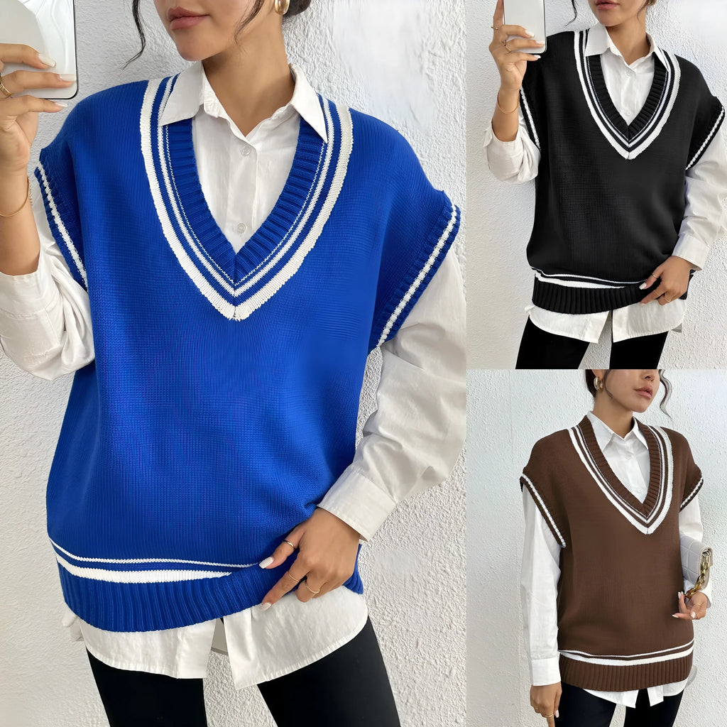 Women's casual acrylic blend vest sweater in blue colour with loose college style design