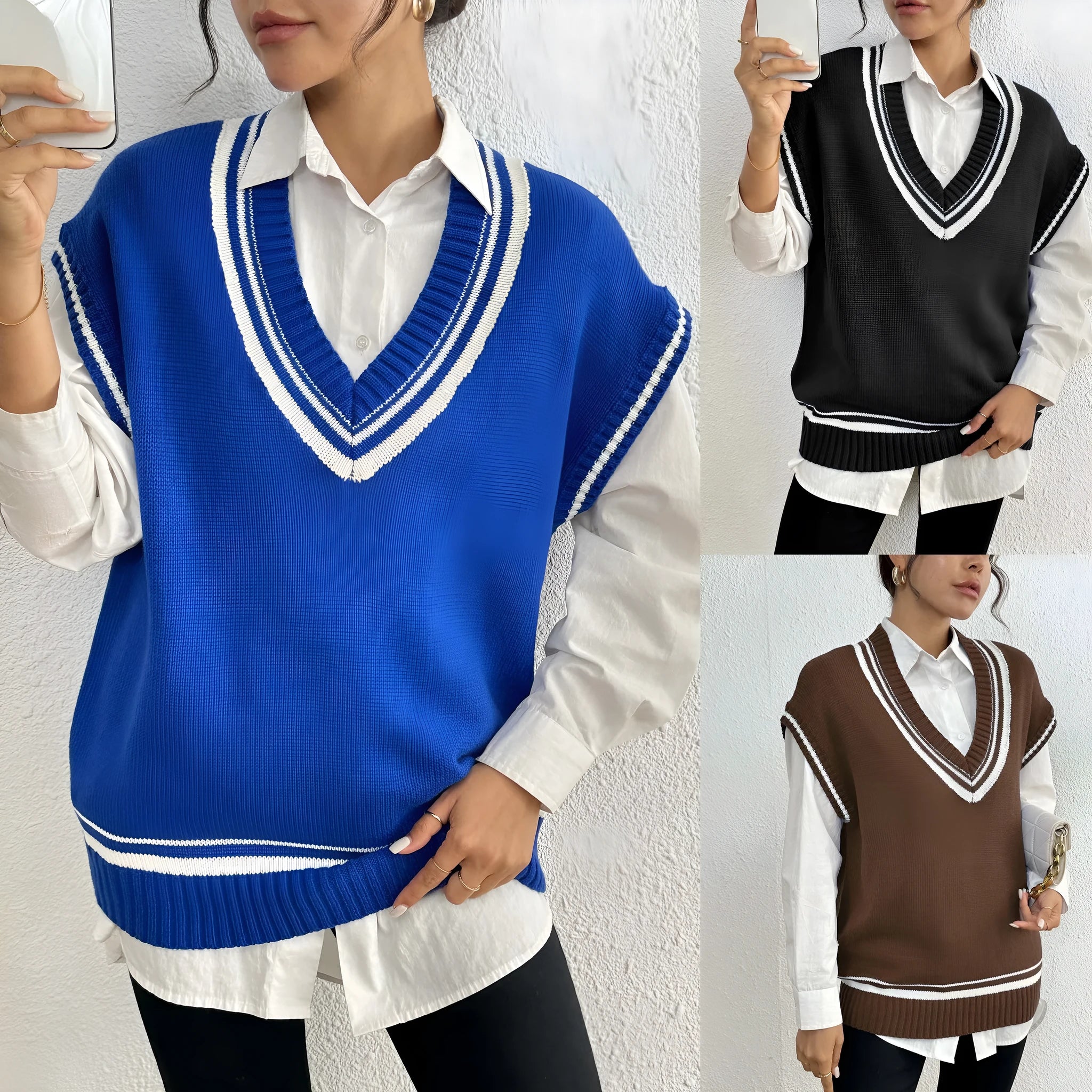 Women's casual acrylic blend vest sweater in blue colour with loose college style design