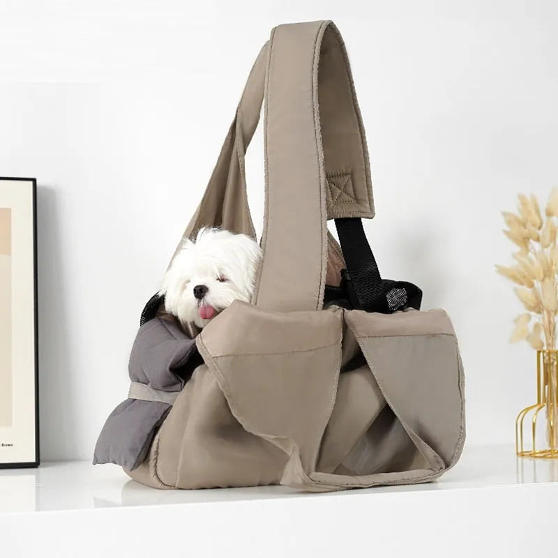 Apricot cloth pet carrier handbag showing 41 cm length and carry handle
