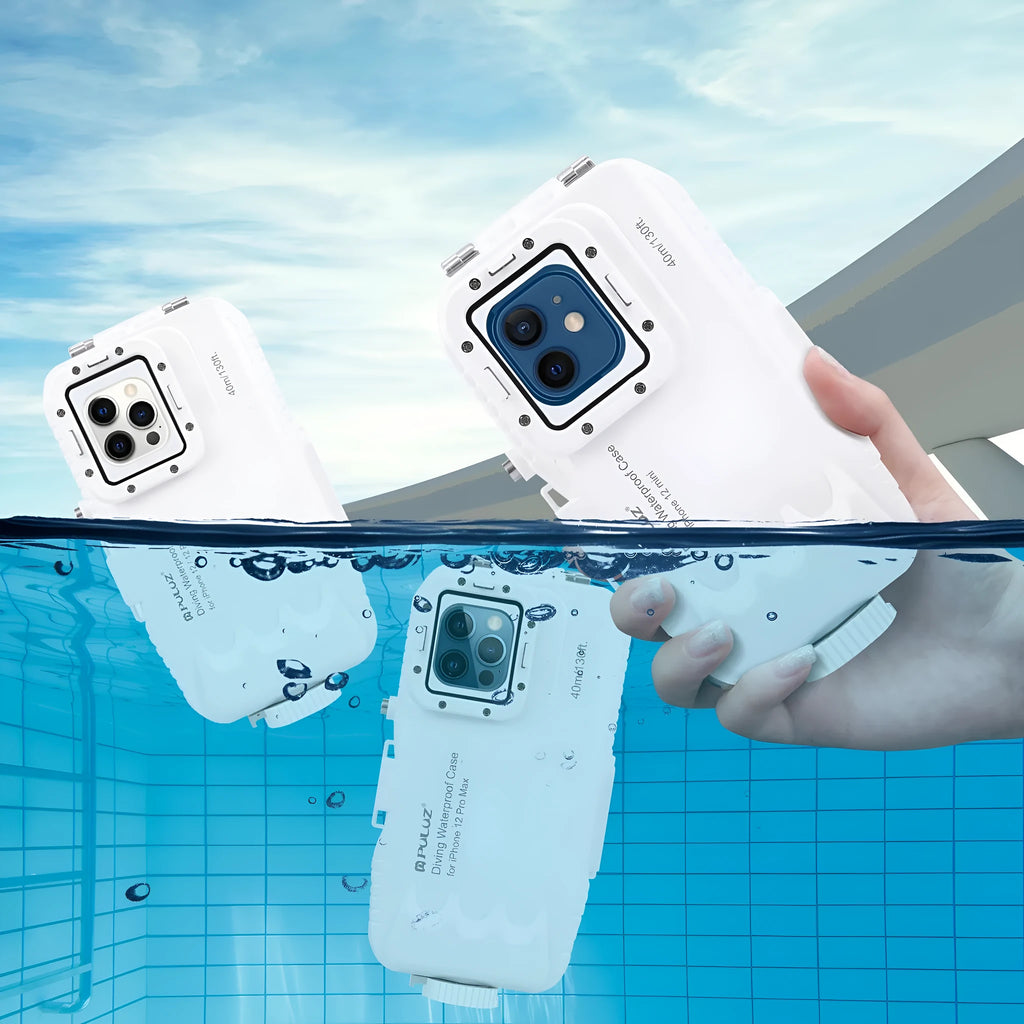 White waterproof diving phone case with 40 metre depth rating for iPhone 12 and 13 series