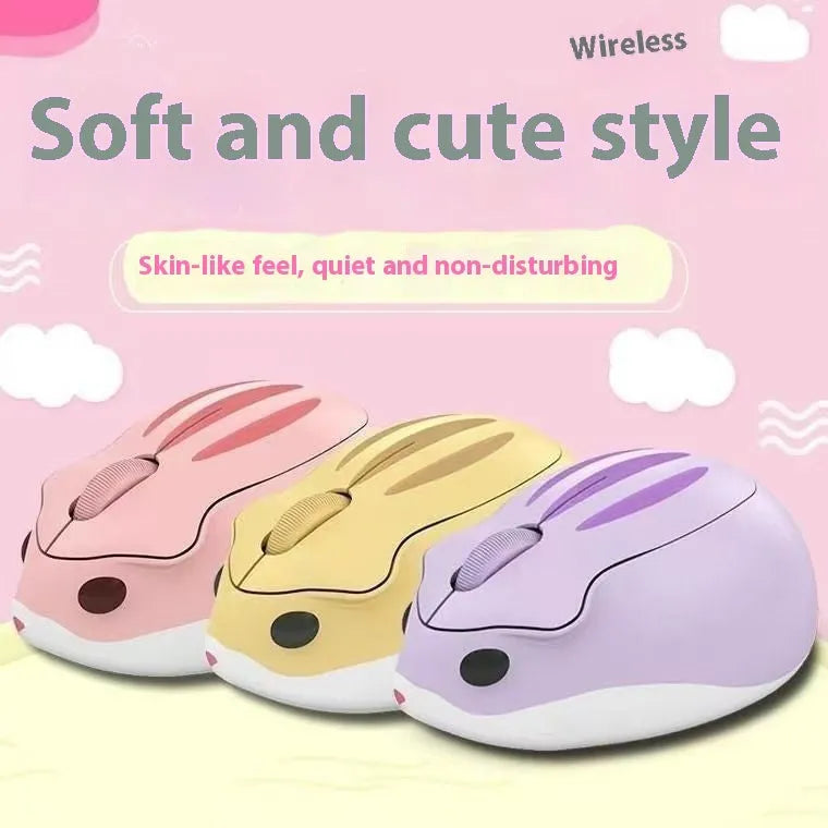 Hamster Wireless Mute Mouse in grey, pink, or yellow colour on a desk.