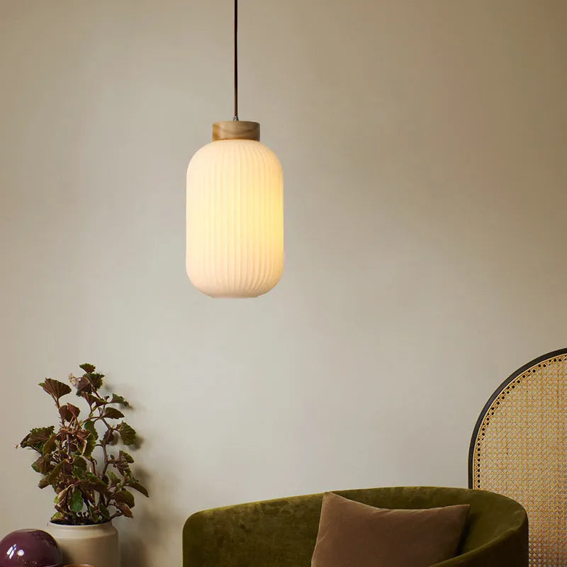 Retro Nordic style wooden pendant ceiling light with visible timber construction.