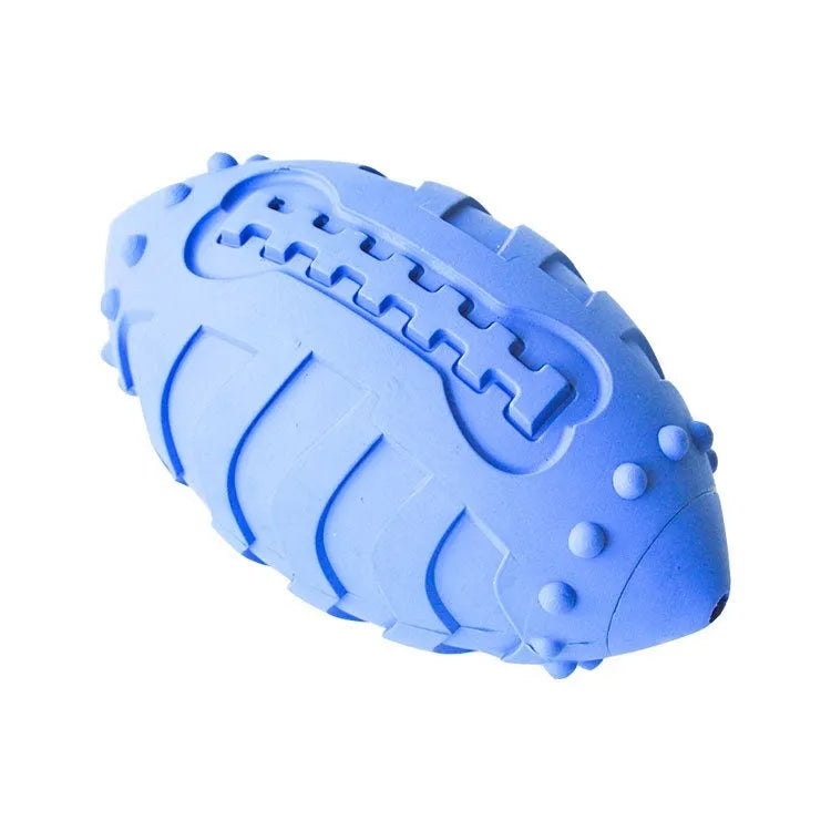 Light green and sapphire blue thickened rubber rugby ball dog toy with bite-resistant construction.