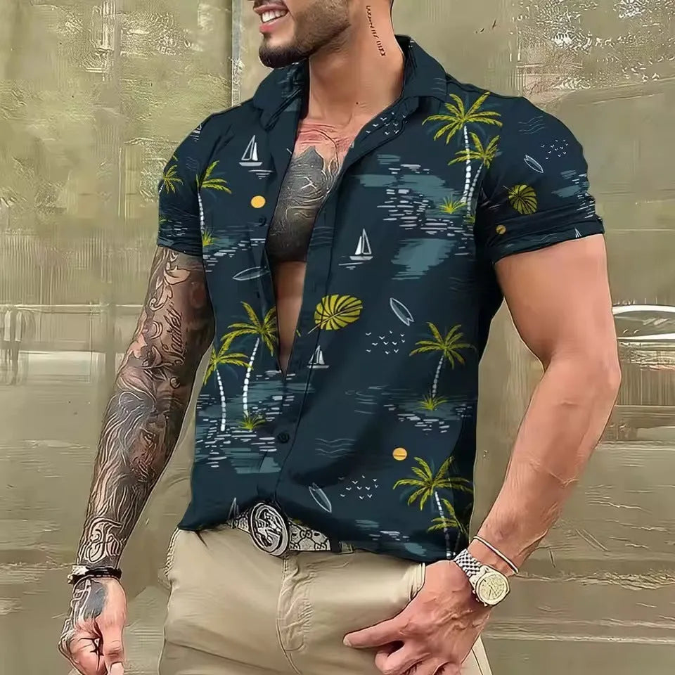 Men's floral print short sleeve shirt in loose cardigan style for summer