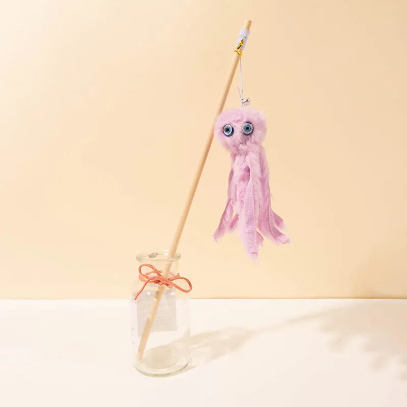 Grey octopus cat toy with eyes on long stick for indoor kitten play