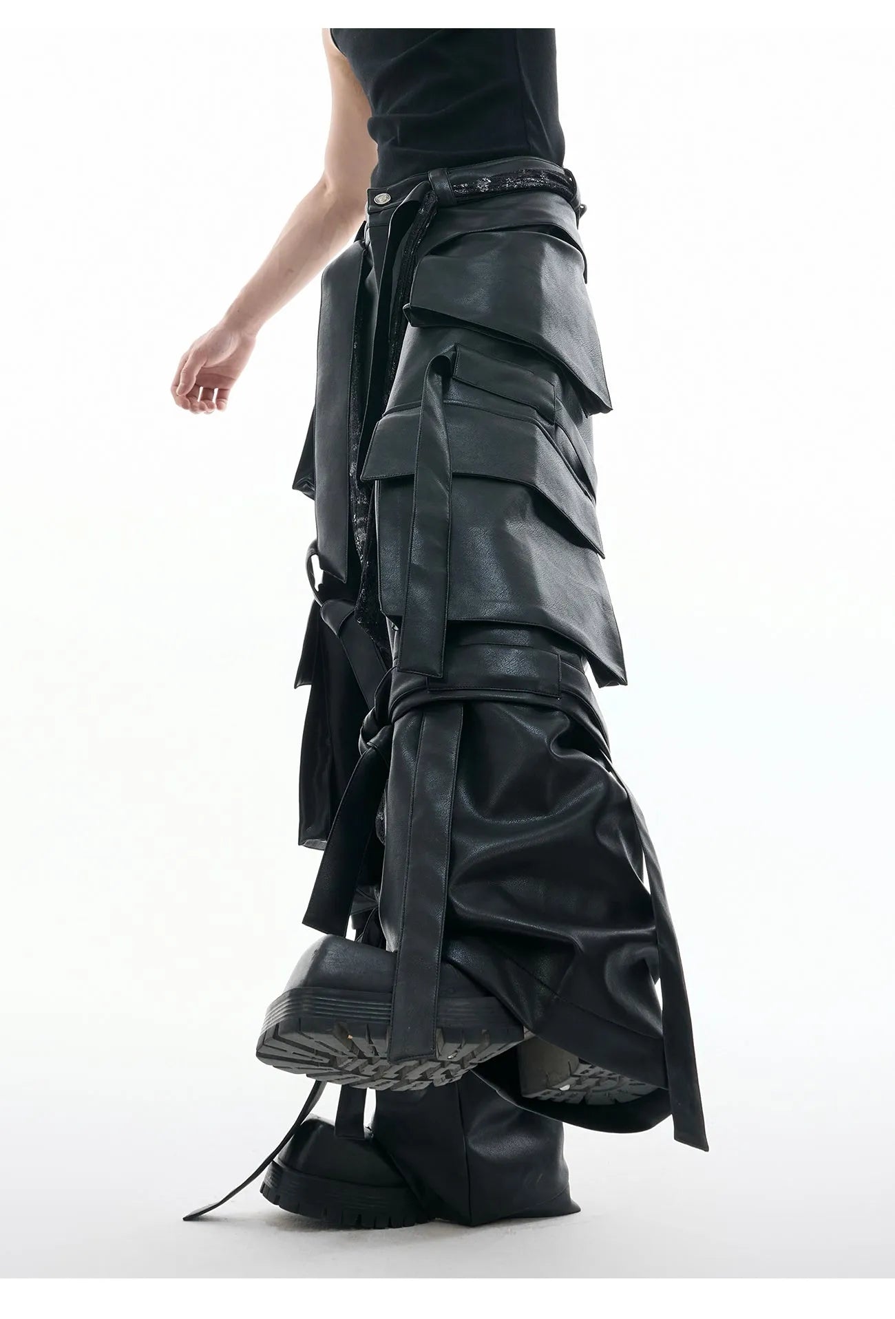 Black loose-fit retro pants with quilted stitching and multiple pockets on a model