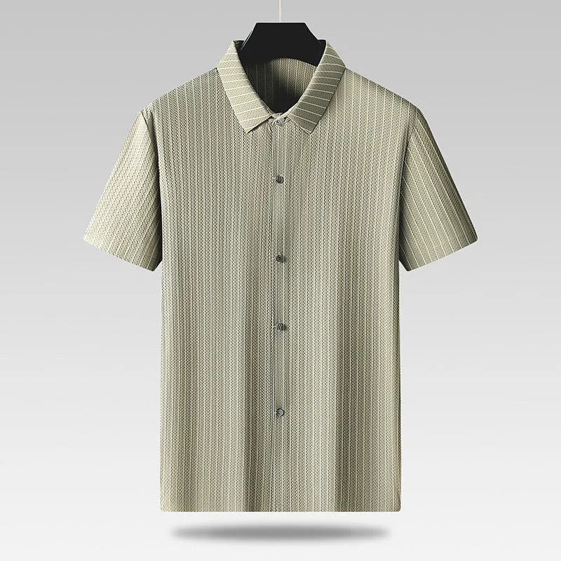Men's black plus-size striped casual shirt with square collar in loose cardigan fit