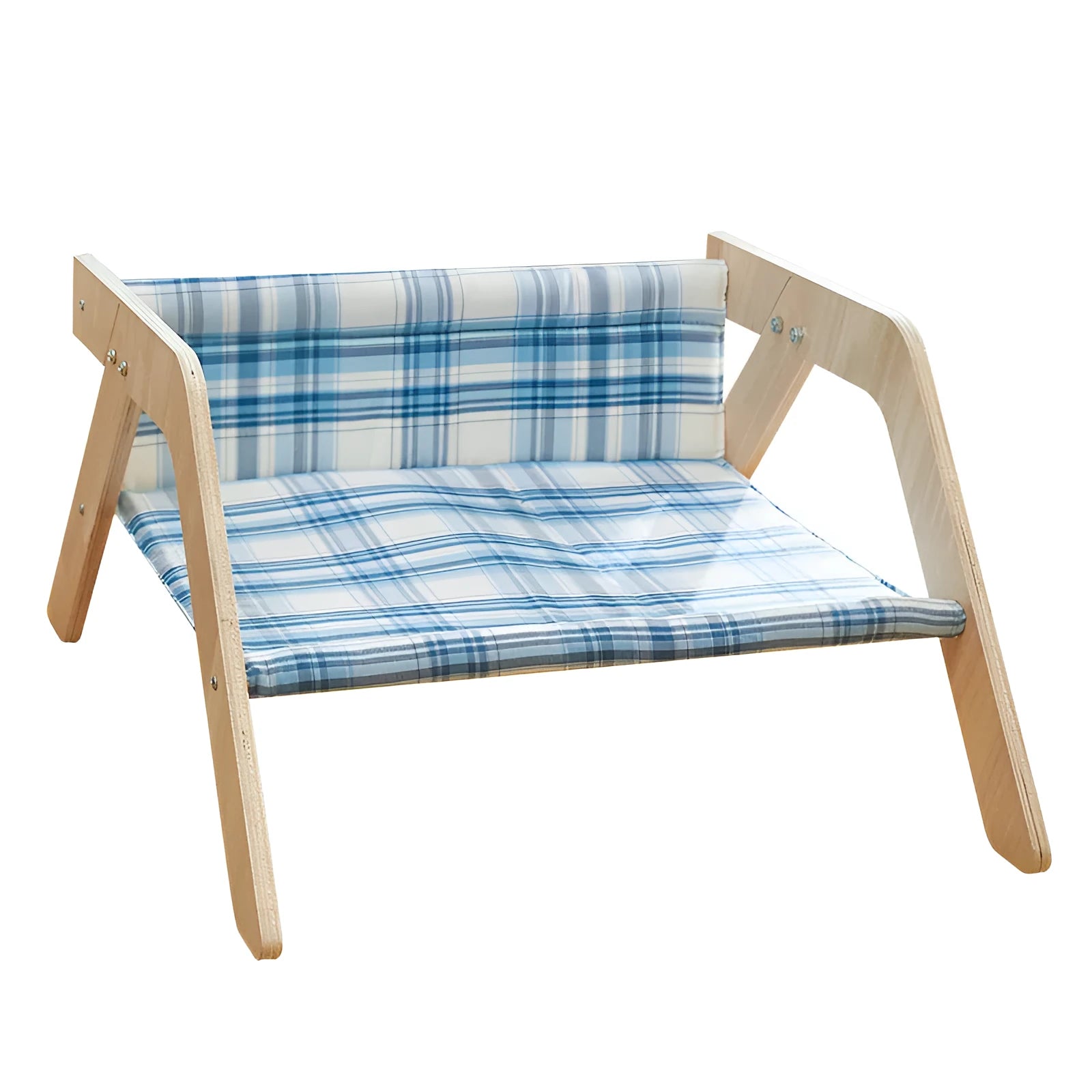 Wooden elevated cat hammock bed with a soft blue cloth sleeping mat, raised on wooden legs.