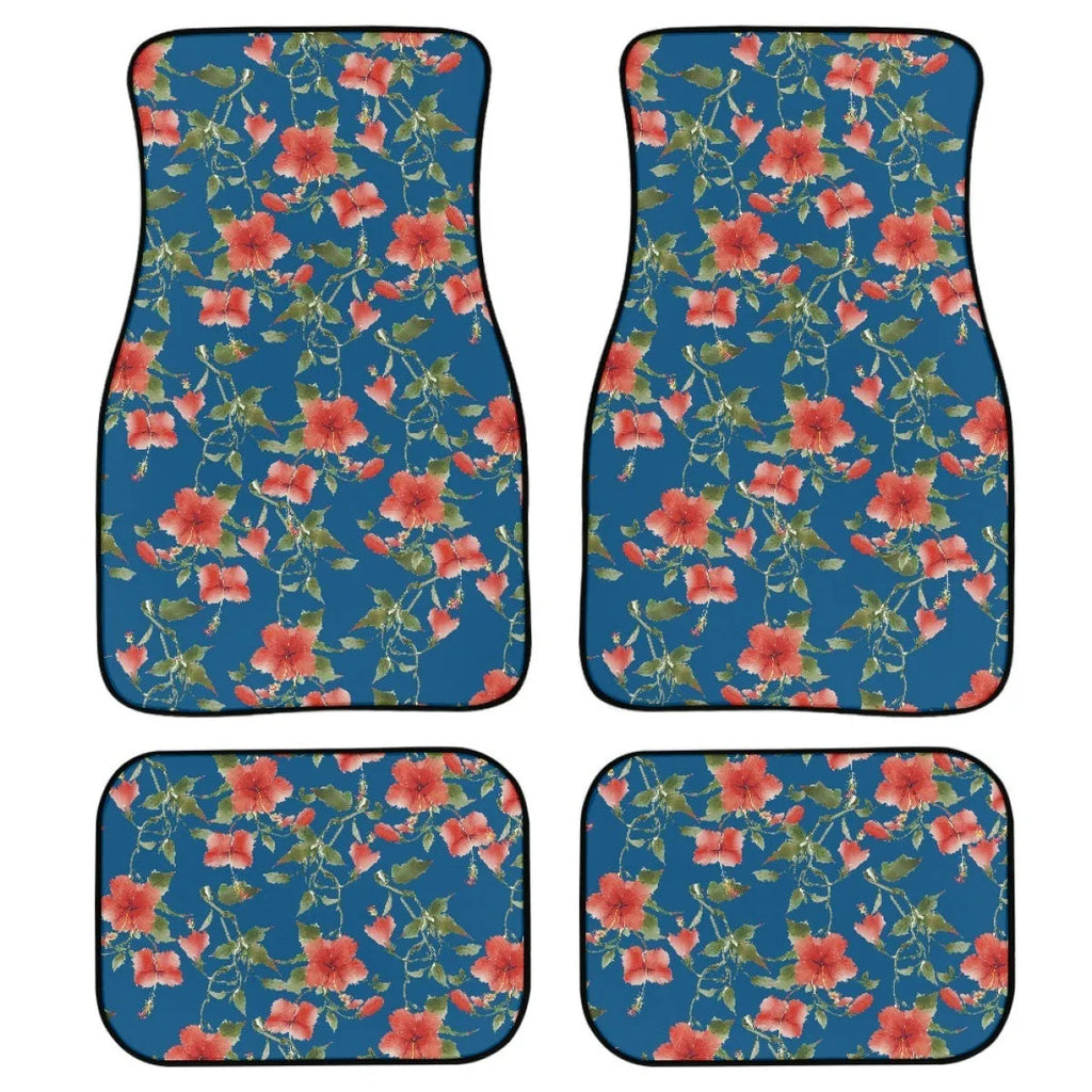 Black printed rubber car floor mats in a four-piece set, showing textured surface and 20mm thickness.