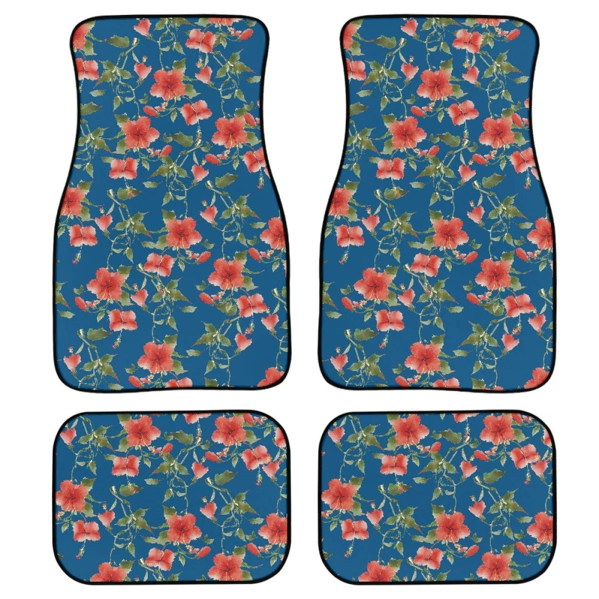 Black printed rubber car floor mats in a four-piece set, showing textured surface and 20mm thickness.