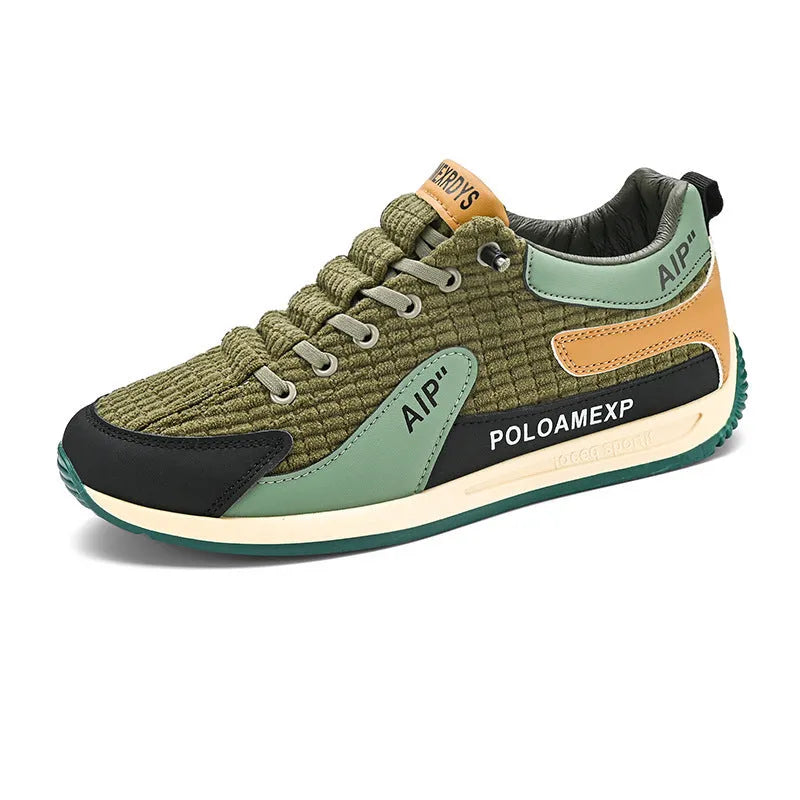 Men's grey and green lightweight mesh running shoes with round toe and lace-up front