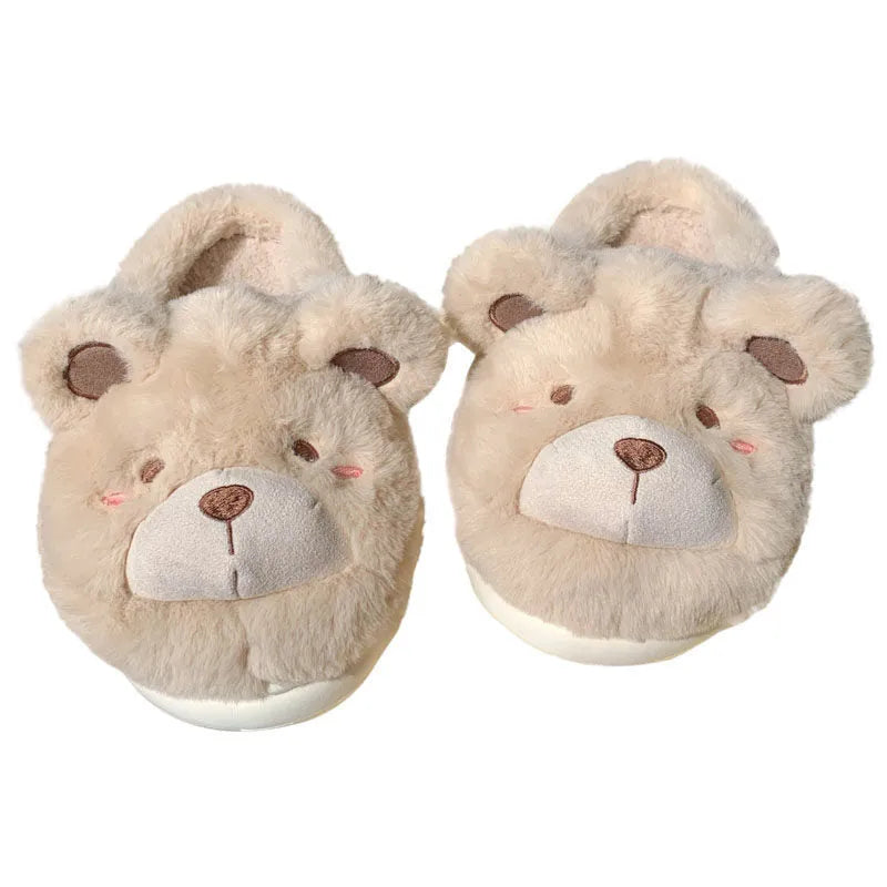 Women's plush slippers with suede upper, fleece lining and cartoon pattern in round toe design