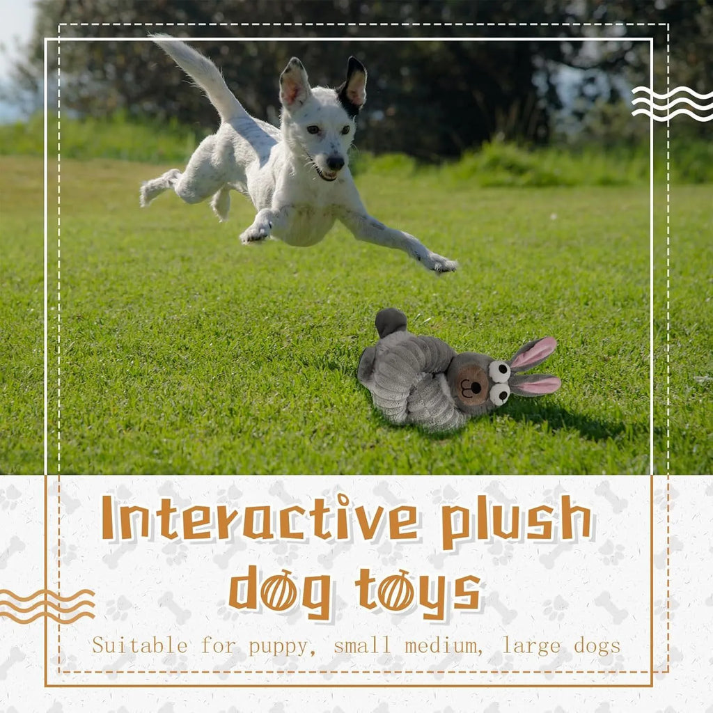 Plush squeaky dog toy with crinkle material in brown, grey, and yellow colour options