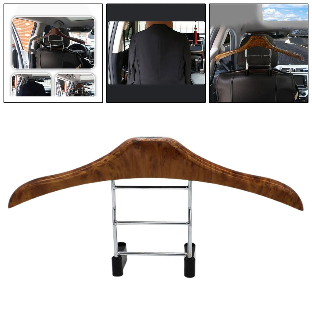 Wood yellow stainless steel car mounted clothes hanger showing dimensions of 46.5 by 23 centimetres