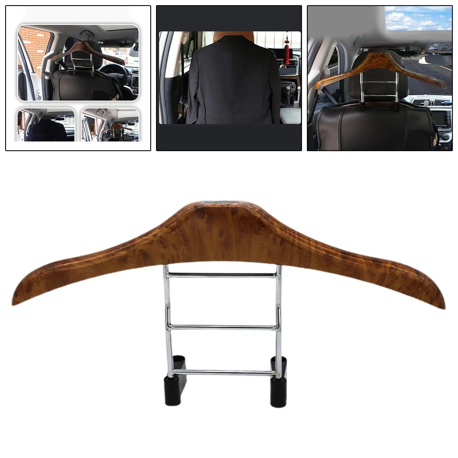 Wood yellow stainless steel car mounted clothes hanger showing dimensions of 46.5 by 23 centimetres
