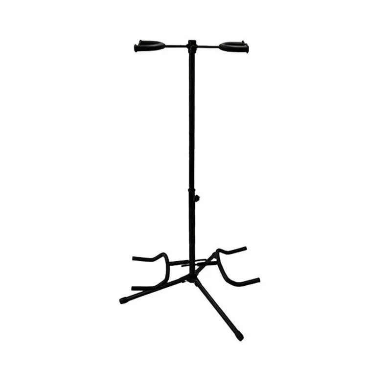 Black vertical double-headed adjustable iron guitar stand on a floor