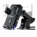 Black car wireless phone charger holder with 15W charging pad shown with clip and suction cup bracket options.