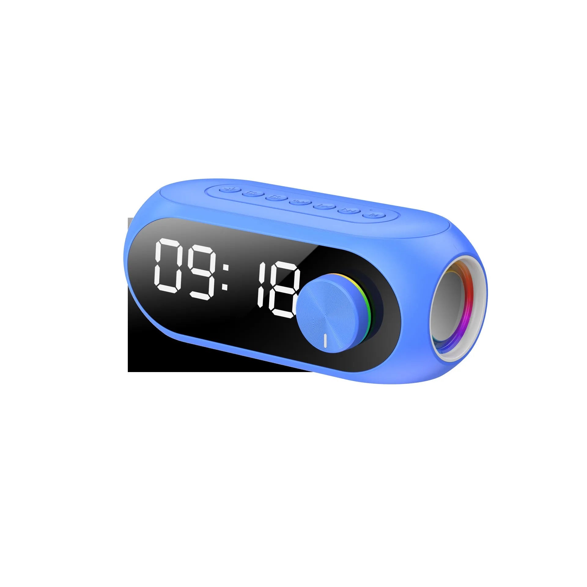 Compact USB-powered portable speaker with extra bass and digital clock display in black, white, or blue colour options.