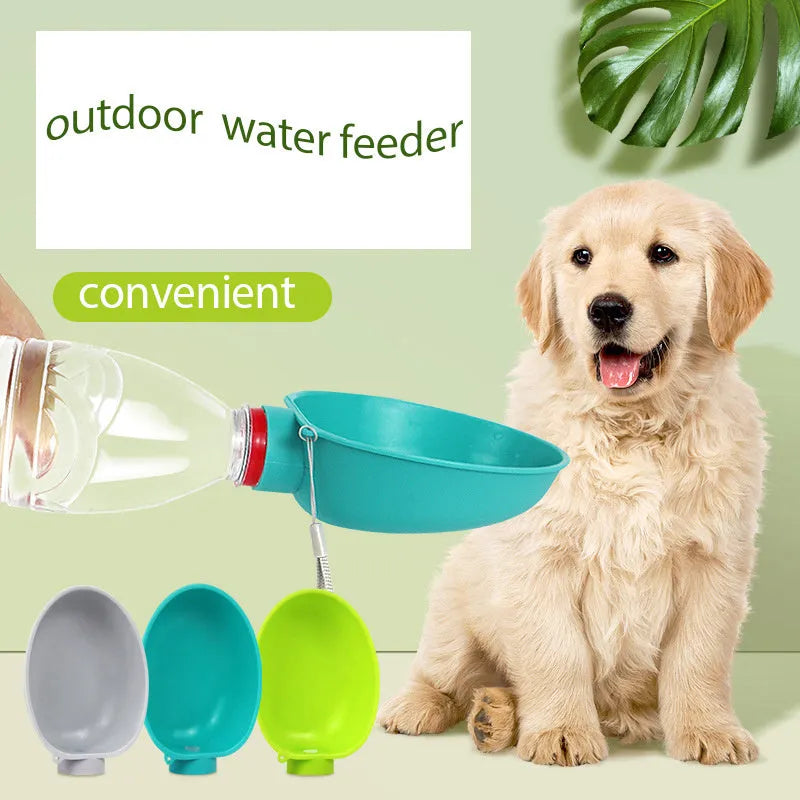 Portable dog drinking bowl in blue, 125x95x40mm, ABS material, slow-flow valve for outdoor dog feeding