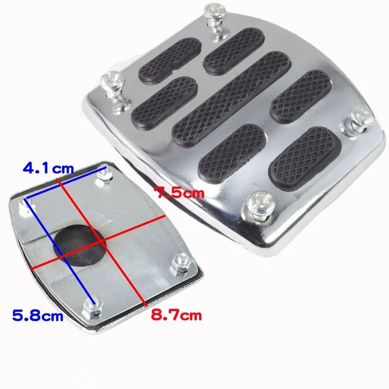 Metal motorcycle brake pedal skid plate kit showing three pedal designs: foot pedal, square foot pedal, and small brake plate