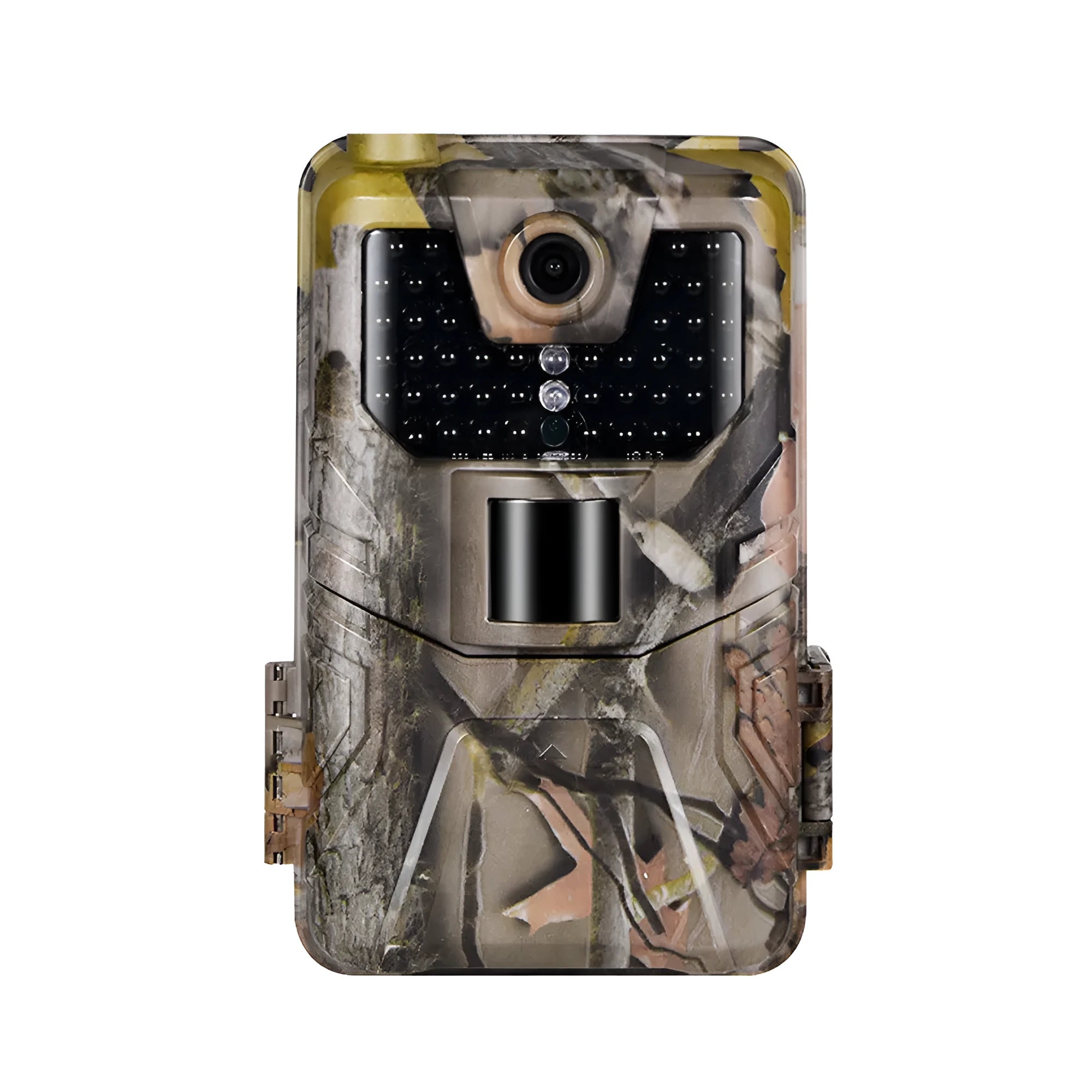 Compact camouflage infrared hunting camera with lens and infrared LEDs visible.