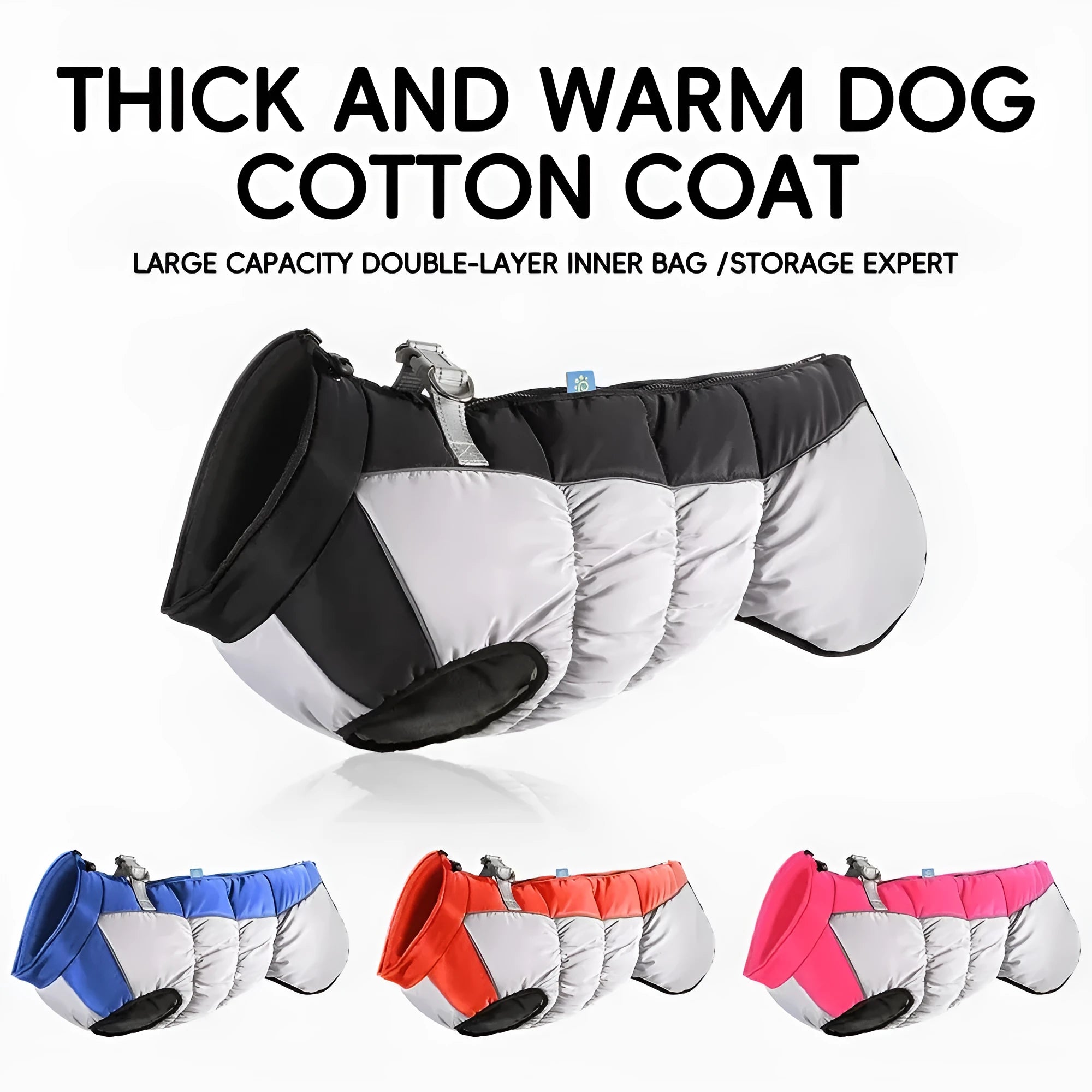 Waterproof dog jacket with built-in harness for large breed winter walks, available in multiple sizes and colours