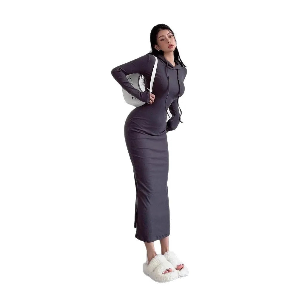 Women's long sleeve hooded sheath dress in light grey, shown over-the-knee length.