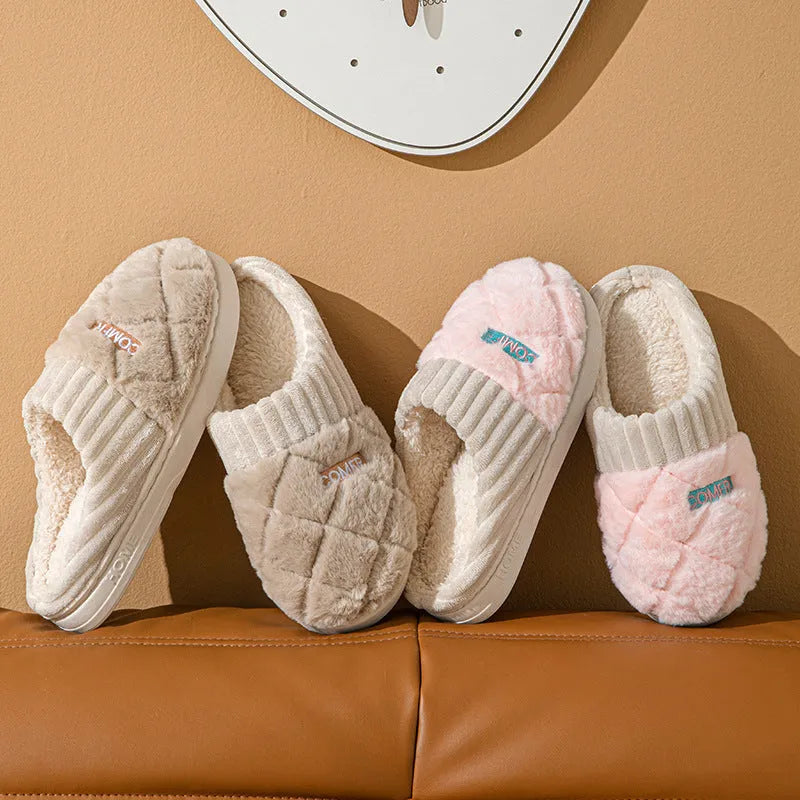 Solid rhombic letter home slippers in thickened plush with EVA sole, available in multiple colours and sizes for men and women