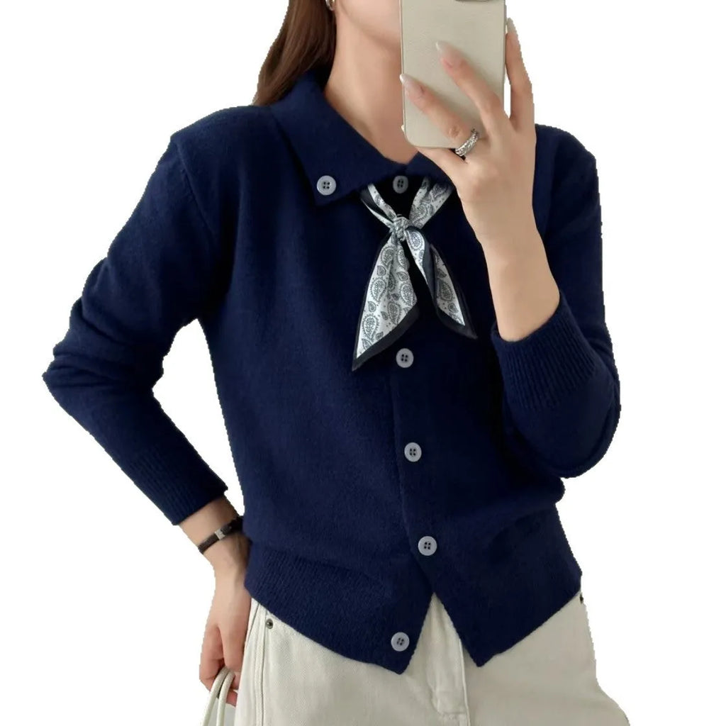 Women's beige cardigan sweater with an attached lapel scarf collar, long sleeves
