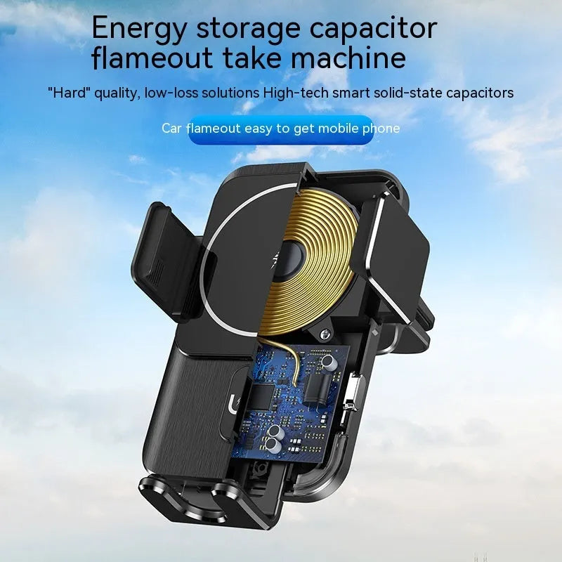 Black car wireless phone charger holder with 15W charging pad shown with clip and suction cup bracket options.