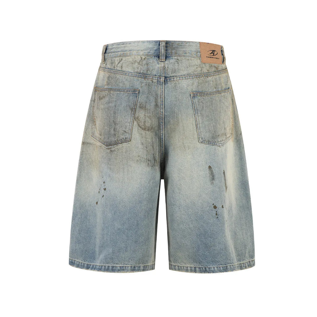Blue cropped washed denim middle pants with straight leg street fashion style and zipper fly