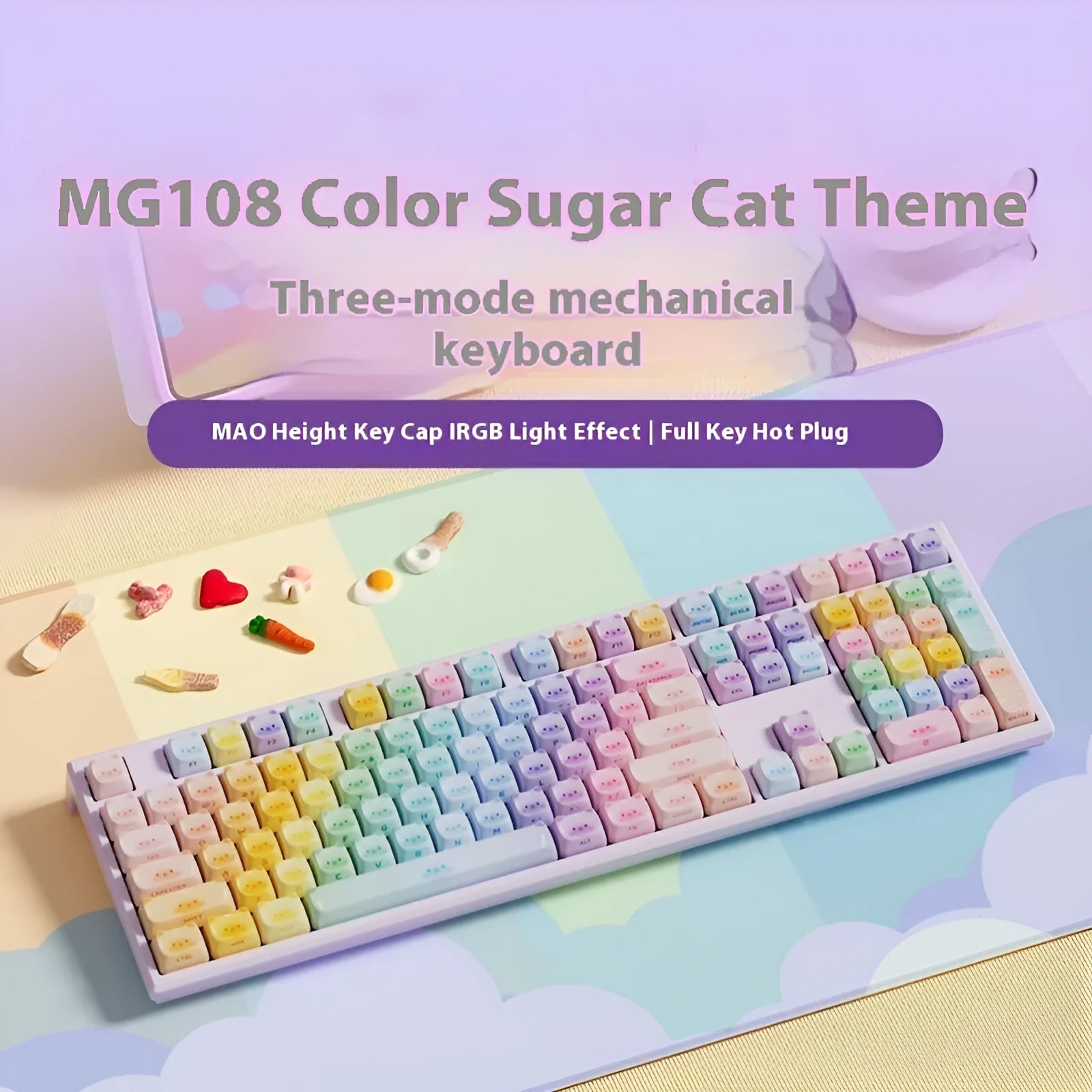 Colour sugar cat mechanical keyboard with MG108B colour scheme and Bluetooth connectivity