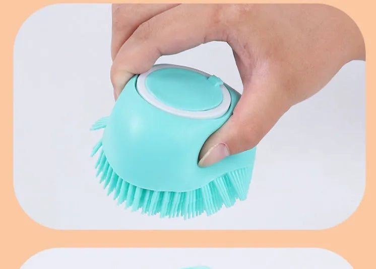 Blue silicone dog bath brush with soft bristles for pet grooming and shampoo application
