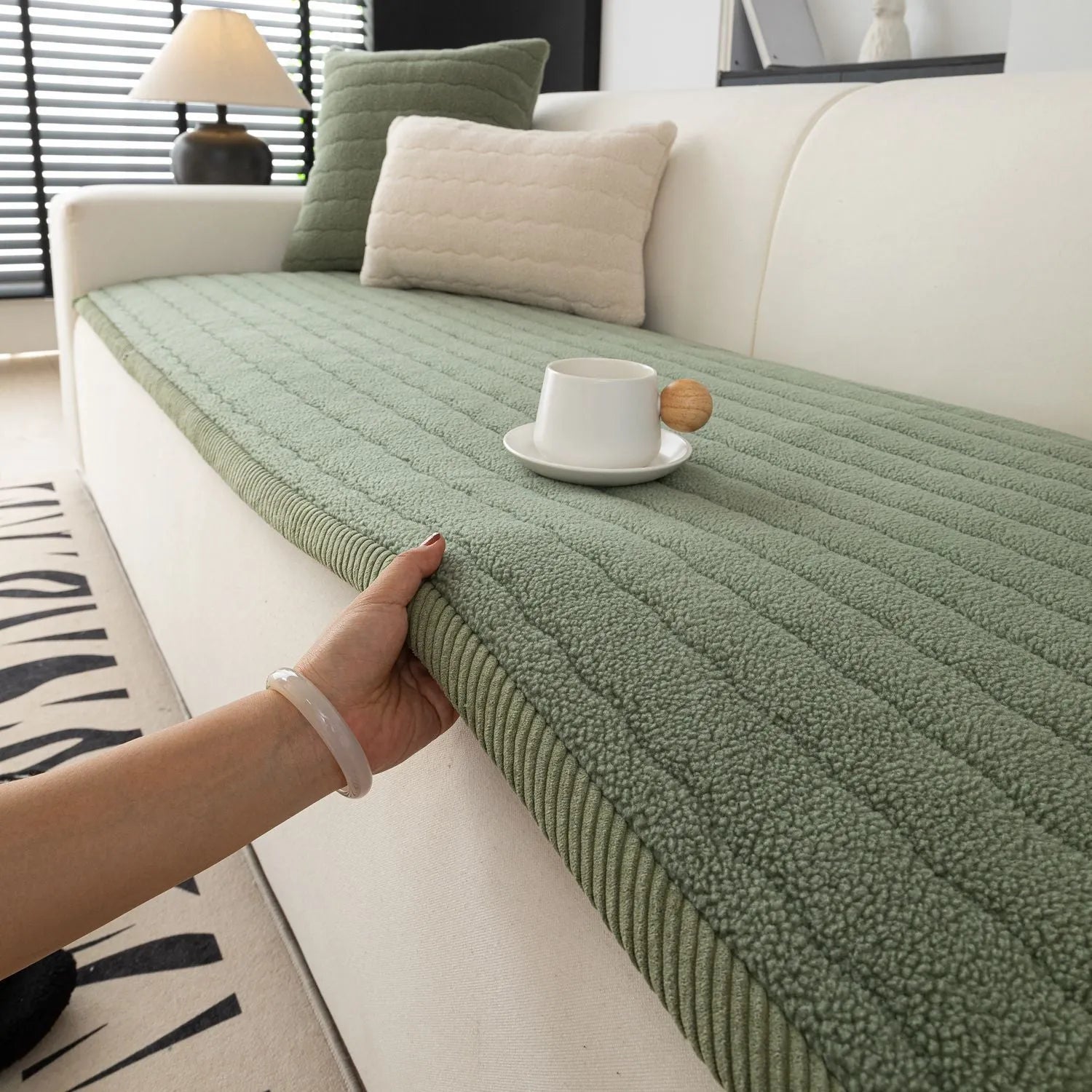 Lambswool thickened non-slip plush sofa cushion in solid colour, available in 70x150cm size