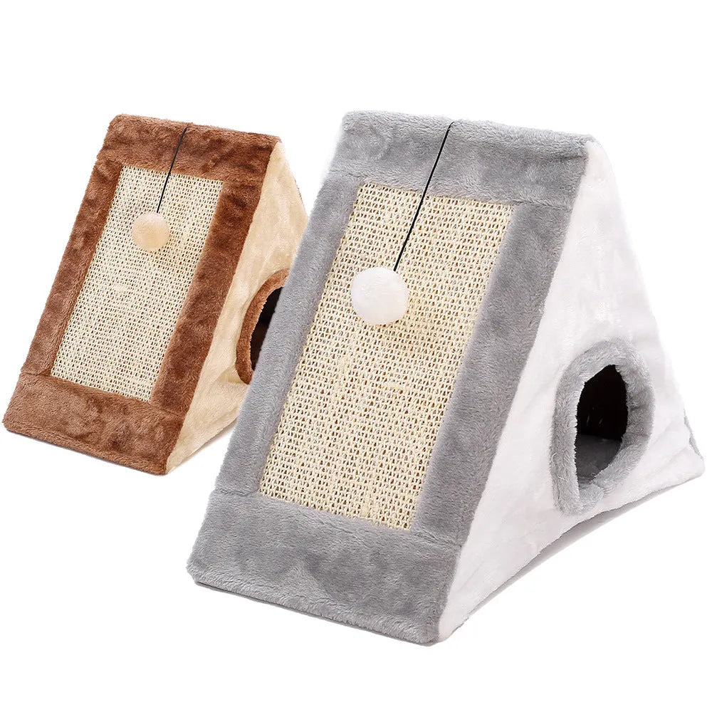 Triangular cat scratching toy with sisal surface in grey-white colour option showing perch design