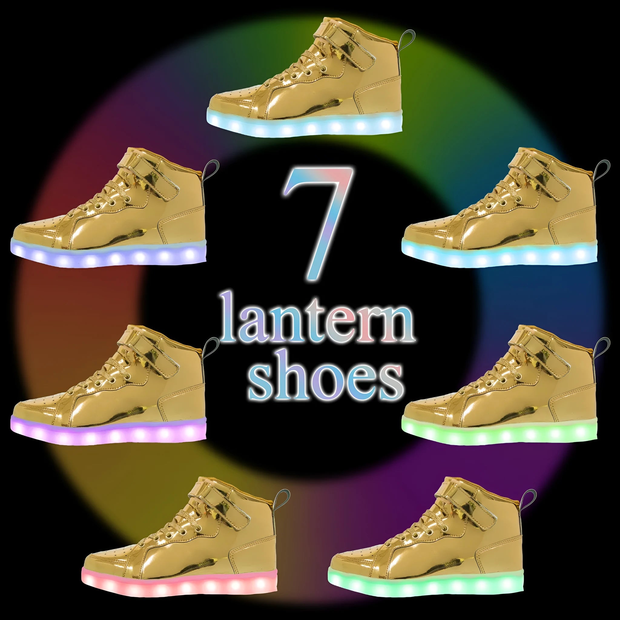 A pair of black high-top shoes with a Velcro strap and illuminated LED lights in the rubber sole.