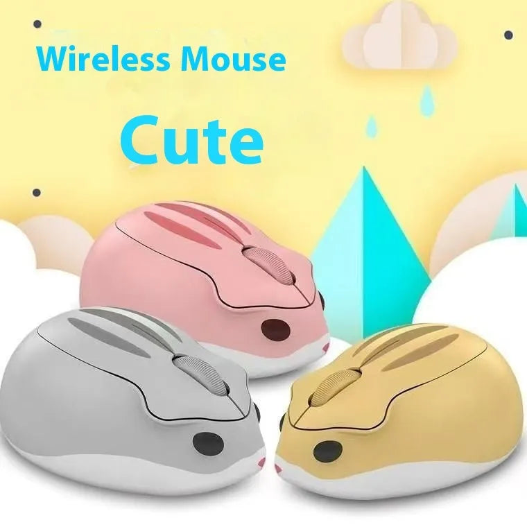 Hamster Wireless Mute Mouse in grey, pink, or yellow colour on a desk.