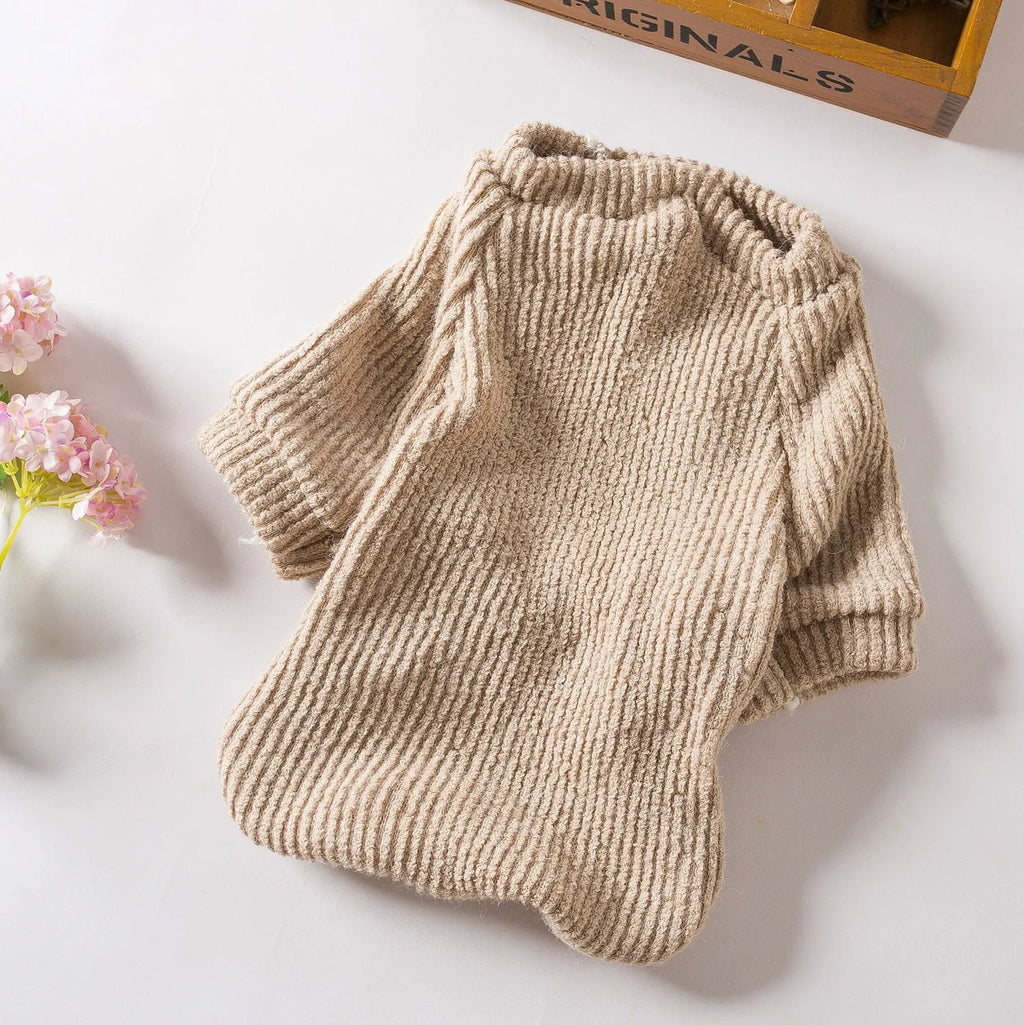 Brown knit pullover sweater on small dog showing casual style and fit