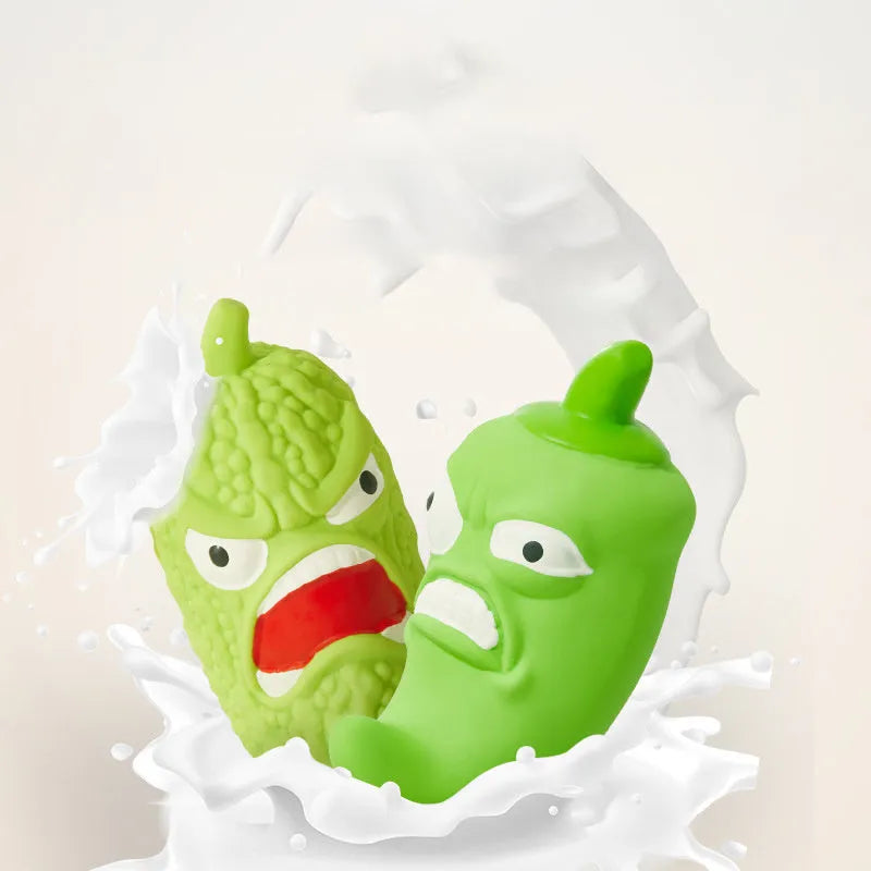 Bitter melon or chili shaped dog toy with sound feature for biting resistance and tooth cleaning